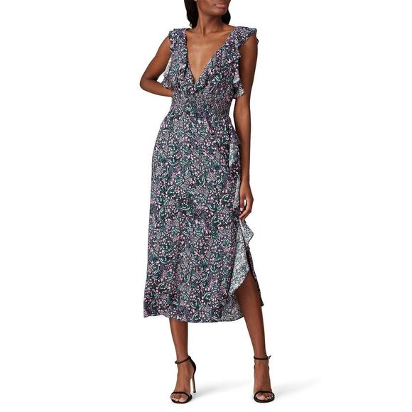 IRO Santa Black Floral Ruffle Midi Dress Cascading Ruffle Trim Sz FR 38 / US 2 - Picture 1 of 16